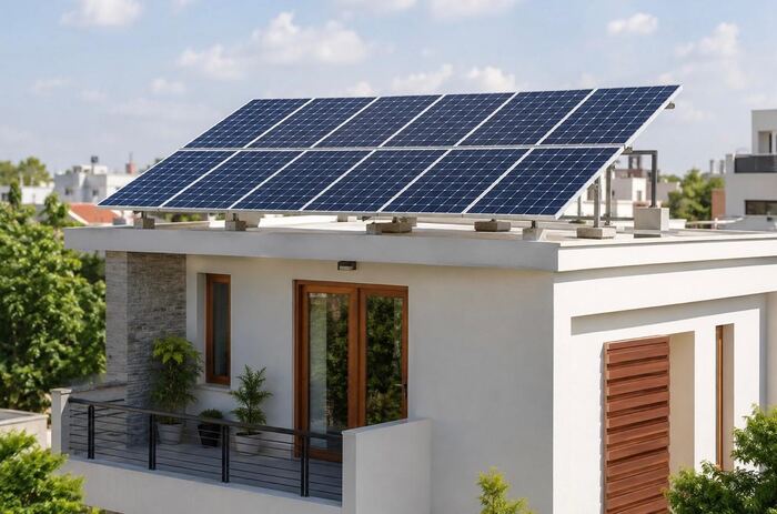 Close view of eight solar panels tilted on a flat terrace beside a water tank