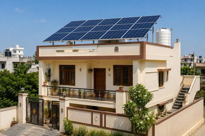 Rooftop solar array mounted on a raised frame above a cream two-storey house with a balcony