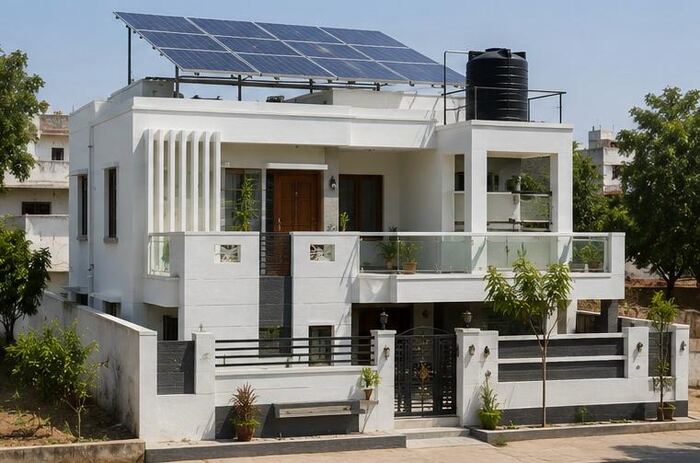 Large solar array on the roof of a modern white villa with a boundary wall and garden