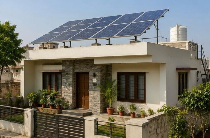 Solar panels raised above the flat roof of a single-storey home with potted plants at the entrance