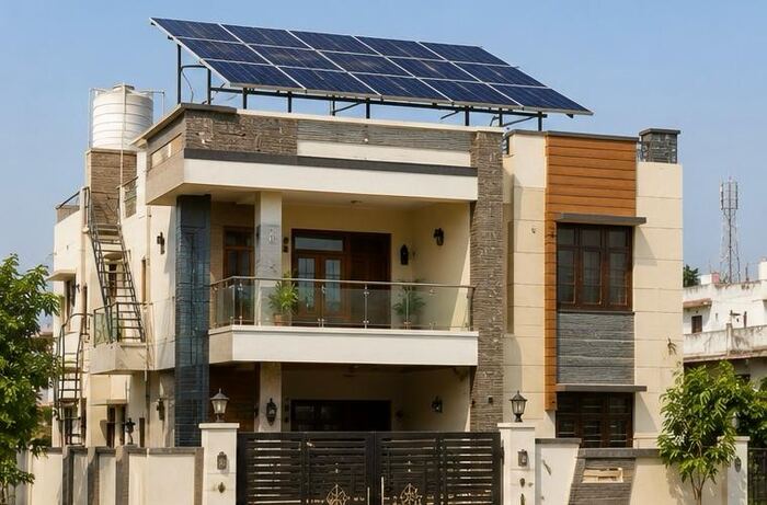 Elevated solar array above a contemporary house with stone and timber facade and a rooftop water tank