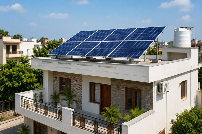 Solar panels on the terrace of a white house with stone cladding and planted balcony