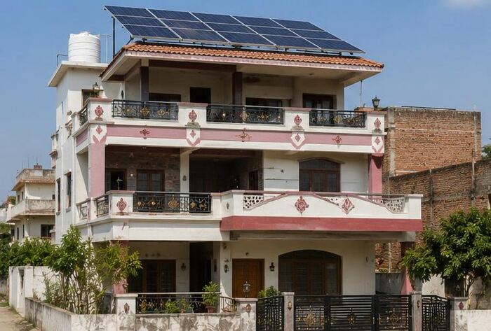Solar panels fitted on the sloping tiled roof of a three-storey pink and white house
